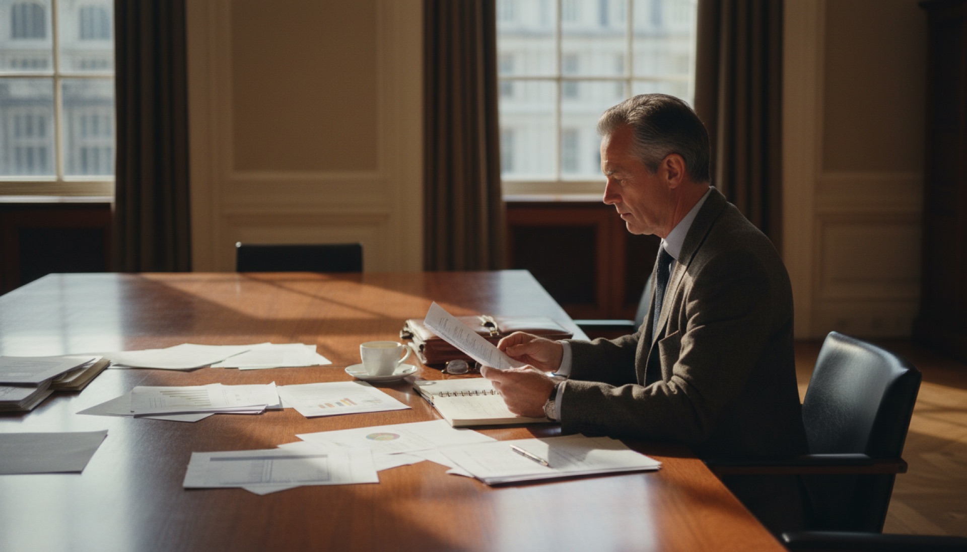 A professional reviewing documents spread across a boardroom table