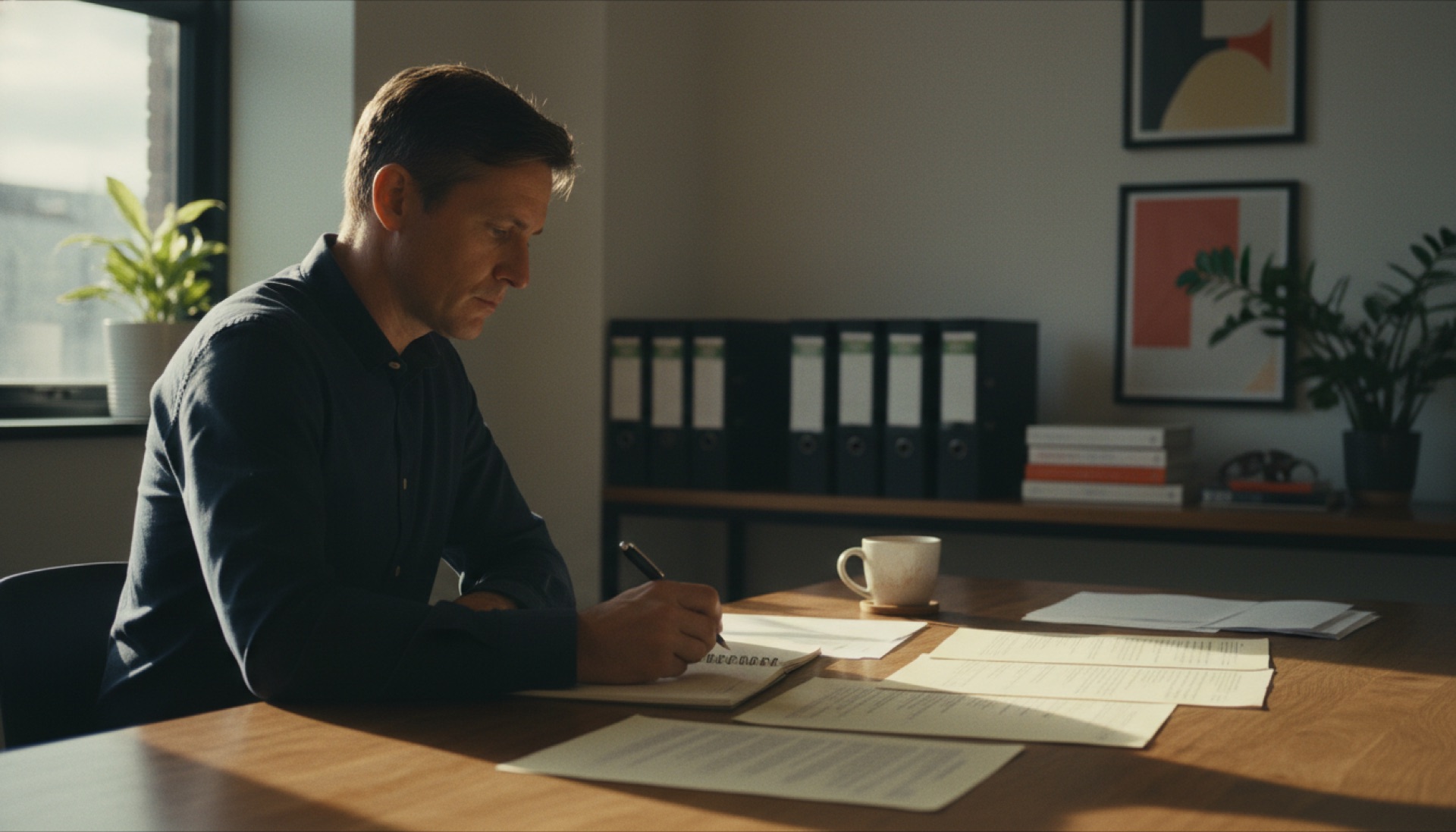 A professional reading a document at a desk with a laptop open alongside them