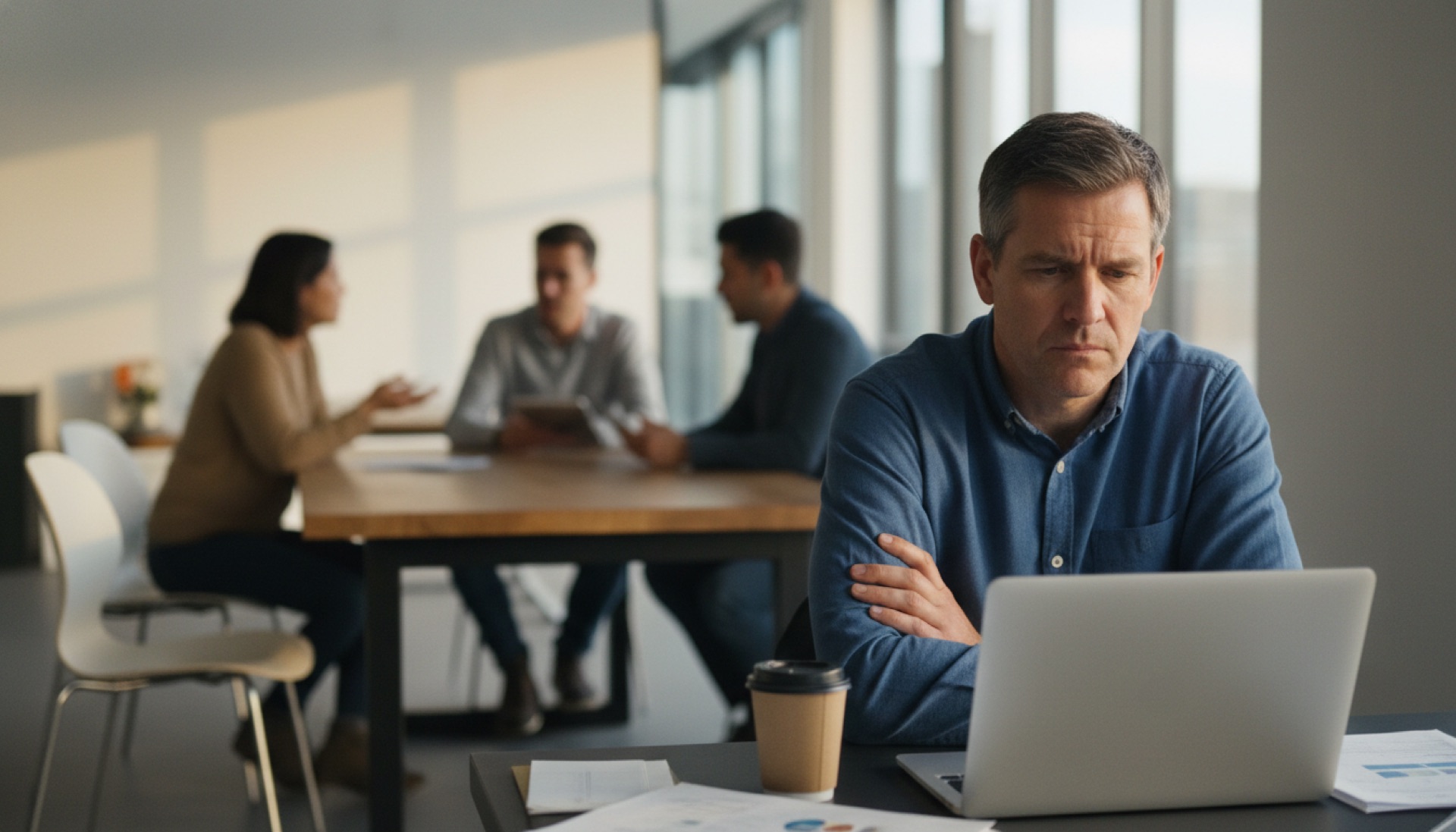 A person sitting apart from a small group meeting, arms folded, watching a laptop screen with sceptical body language