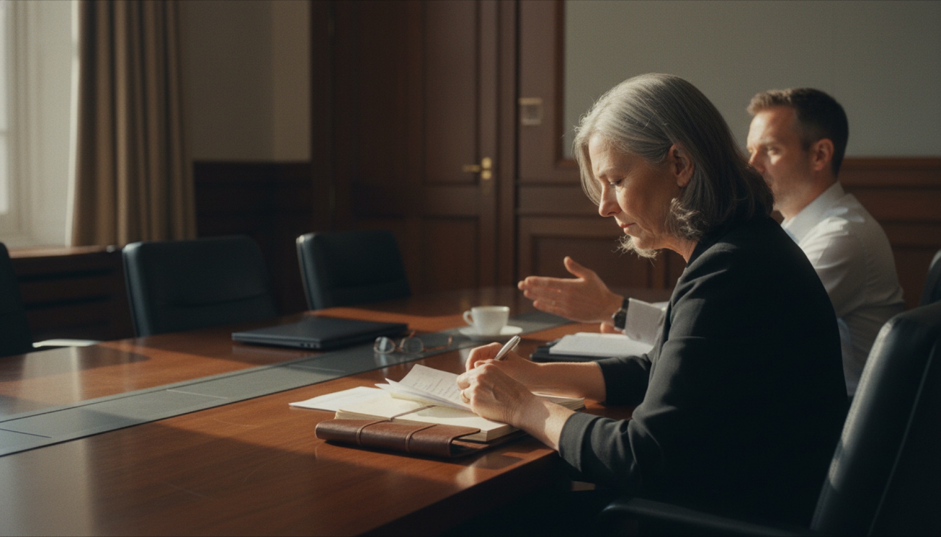 A professional reviewing notes at a boardroom table with another person seated across from them