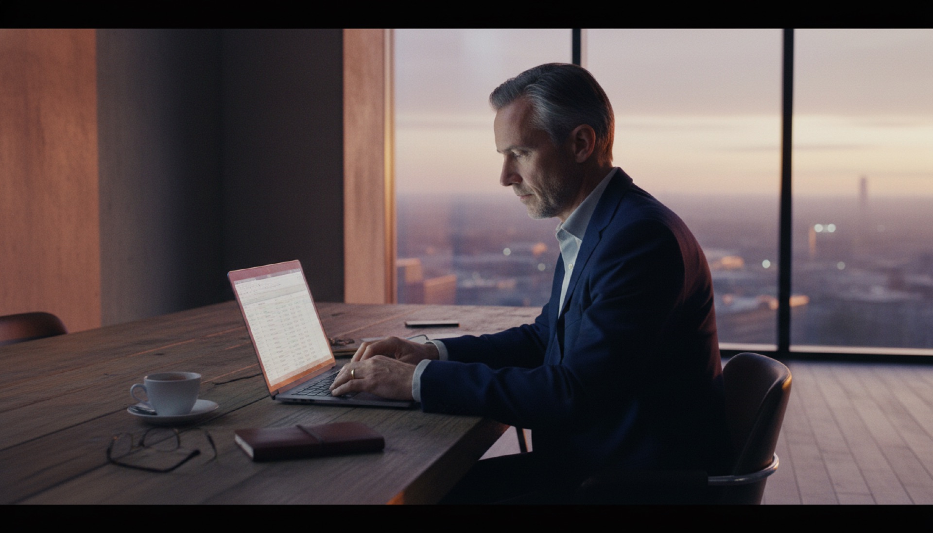 Senior professional at a desk in a modern office, looking at a laptop screen with natural light through the windows behind them