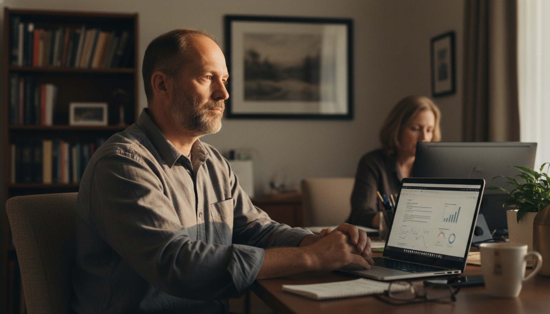 Person pausing to think while reviewing a slide deck on a laptop at an office desk