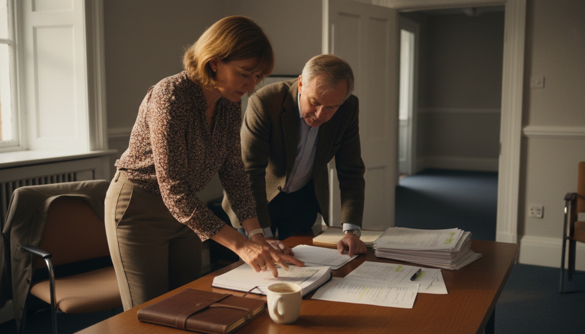 Two people in a meeting room in conversation across a desk with papers between them