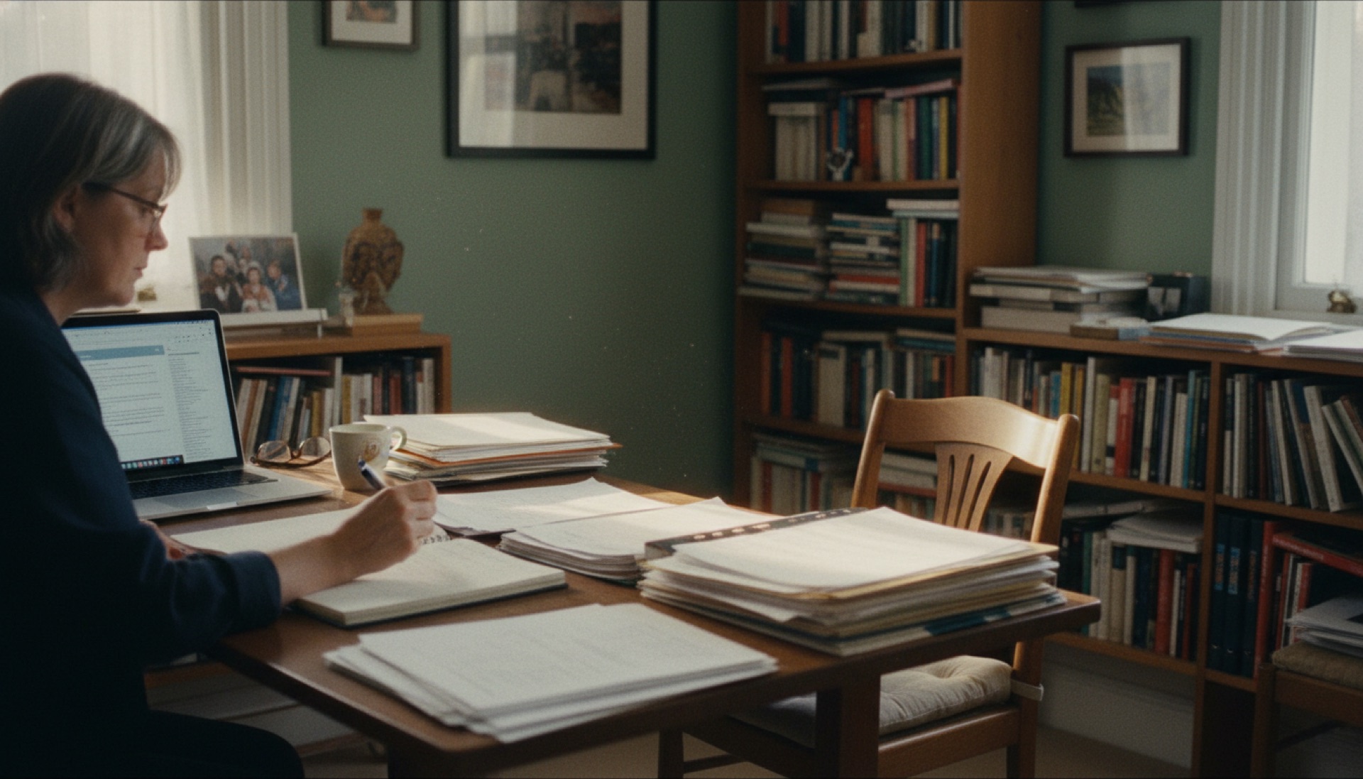 Person reviewing documents spread across a desk, with a laptop open beside them