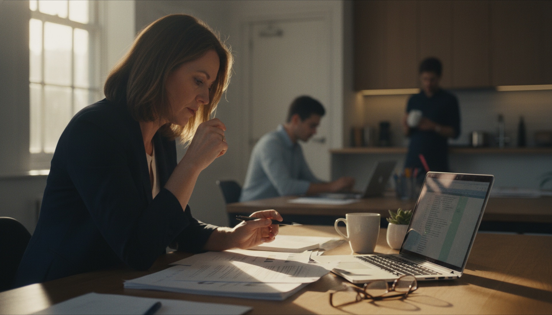 Senior professional reviewing documents at an office desk with a laptop open beside them