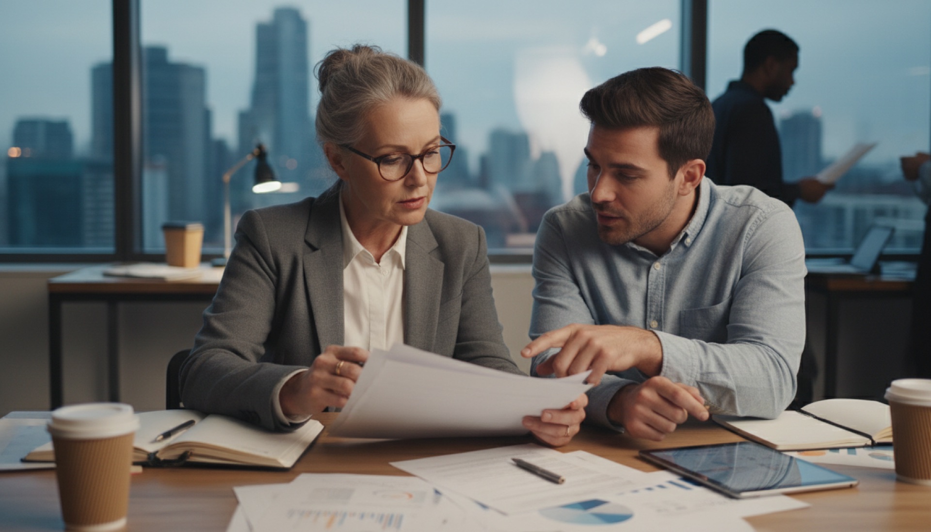 Two people reviewing a document together at a desk in a bright, modern office