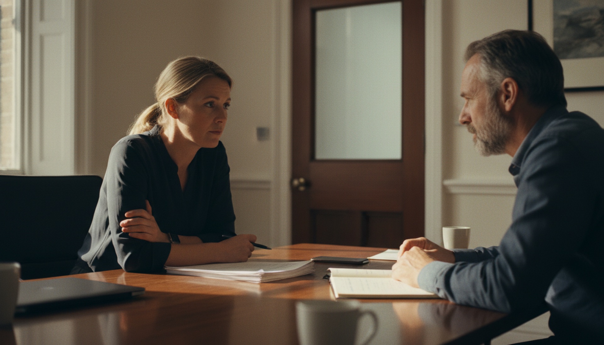 Two colleagues in quiet conversation across a meeting table with papers between them