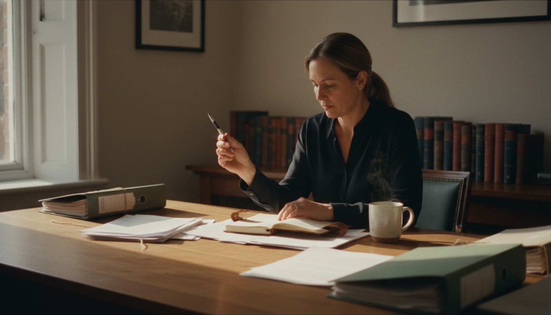 A professional reviewing a document at a desk with papers and a laptop in a daylit office.
