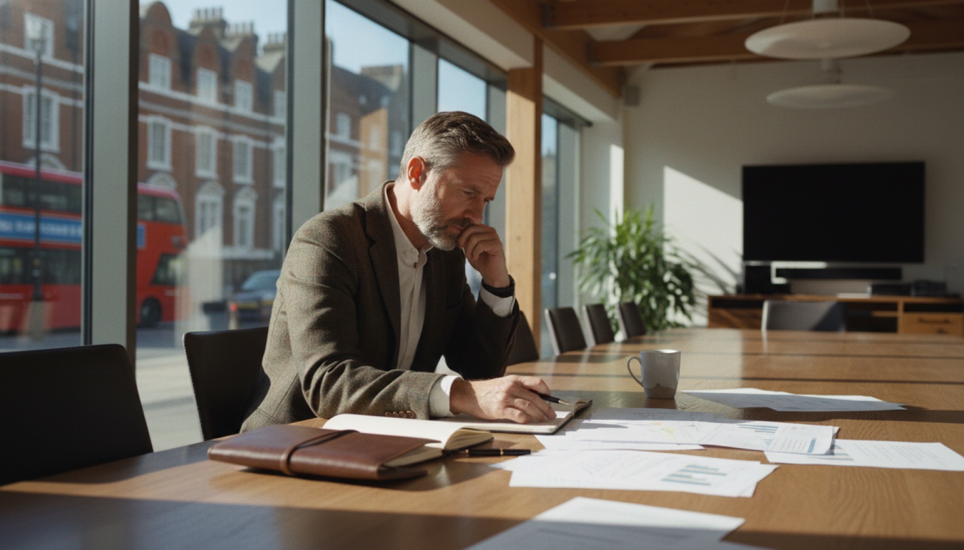 Person at a meeting table with papers and a notepad, pausing to think