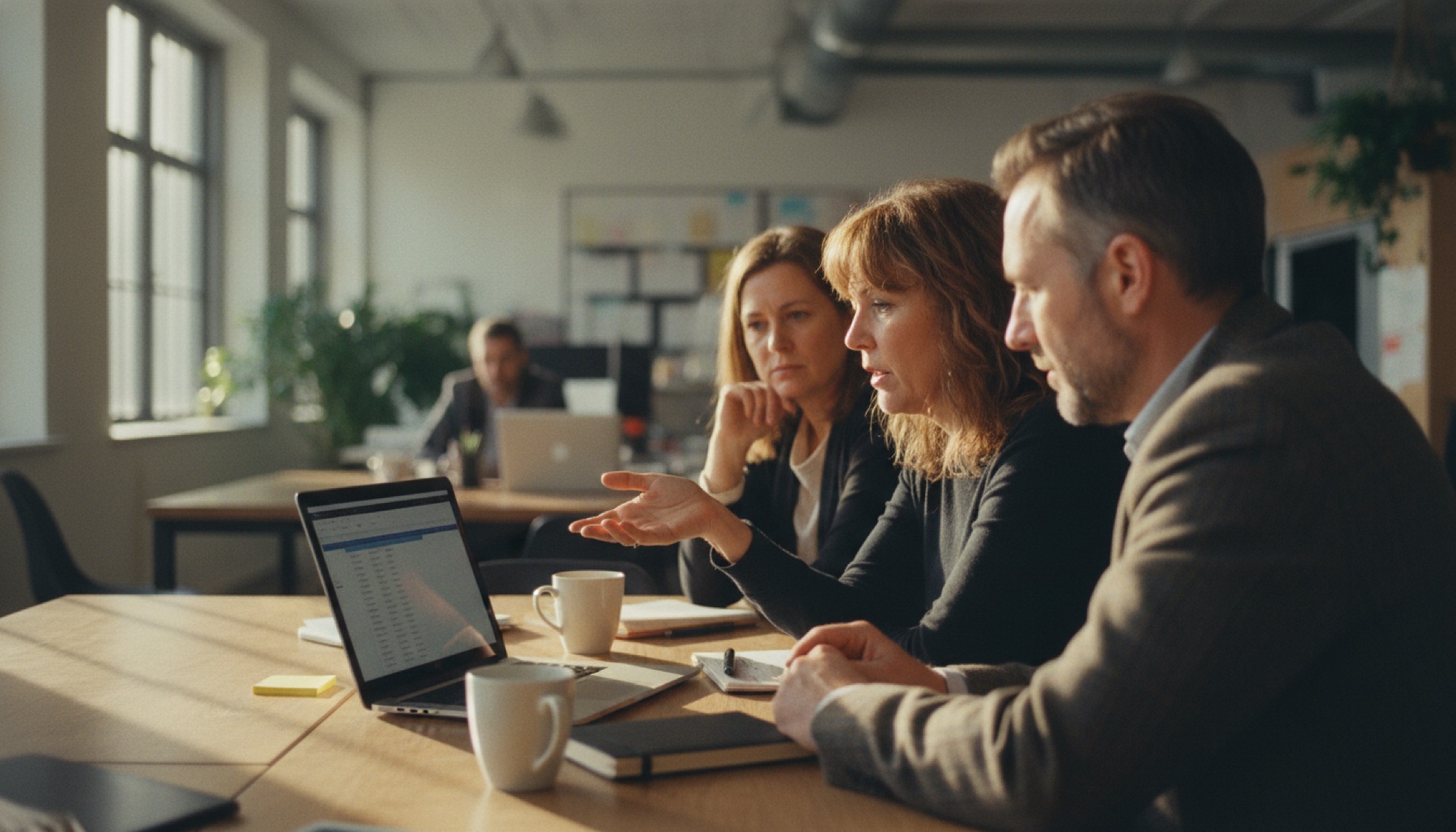 Three people gathered around a laptop on a work table, talking through something on screen