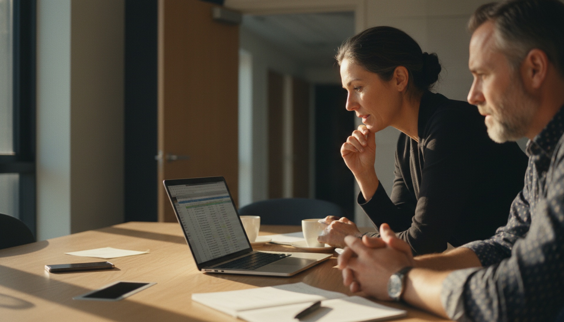 Two colleagues reviewing content together on a laptop at a meeting room table