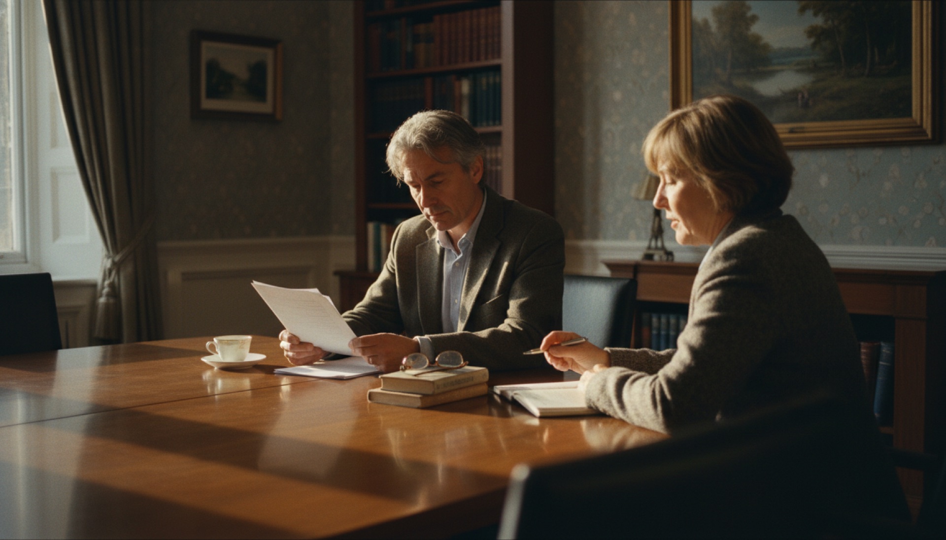 Two people in conversation across a conference table, one holding printed notes, natural light from a window behind them