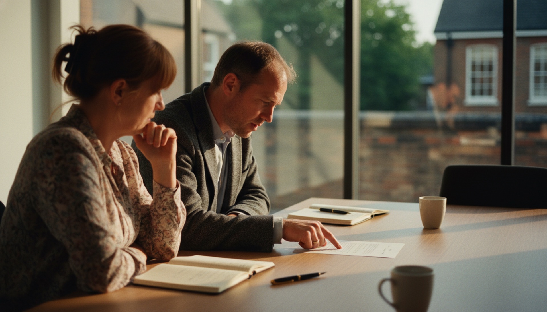 Two colleagues reviewing a printed document at a meeting table, one pointing to a specific section of the page
