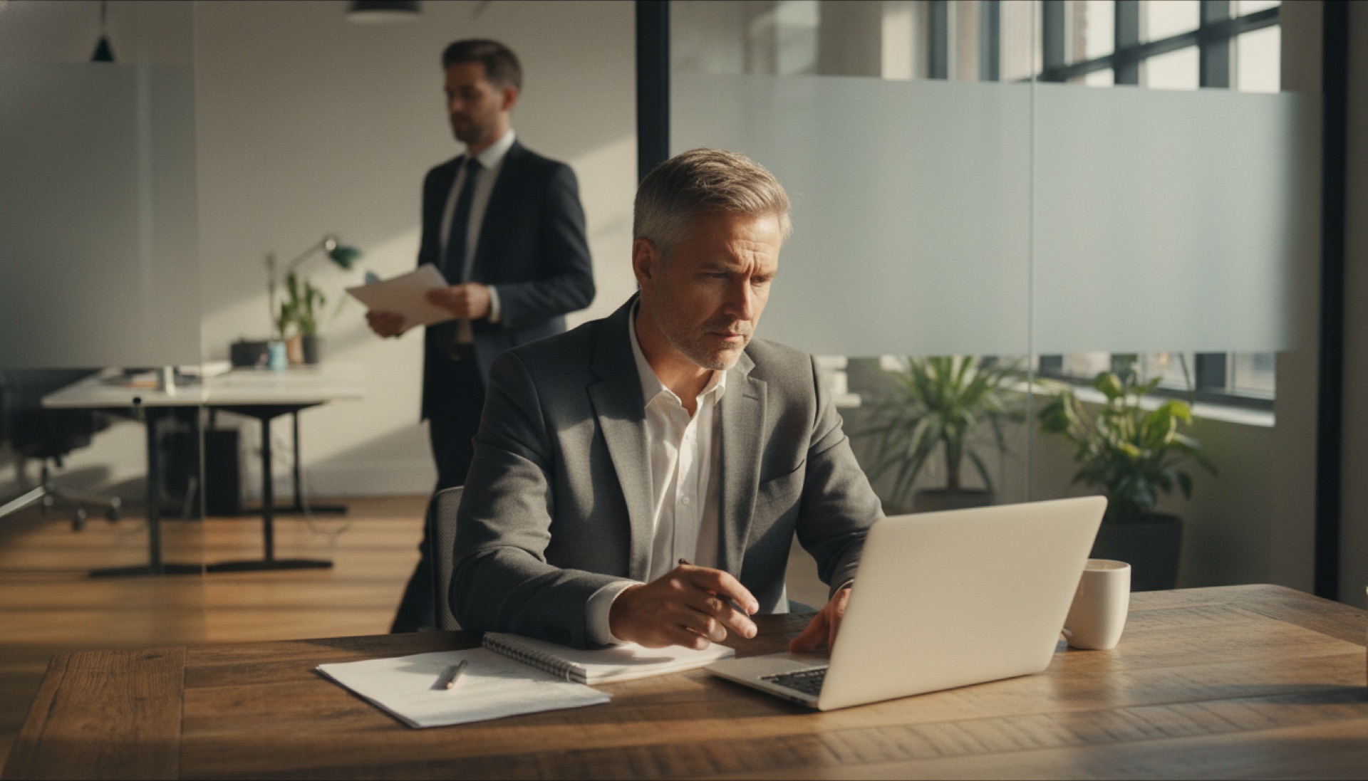 A professional sitting at a desk in a glass-walled office, looking thoughtfully at a laptop screen with a colleague visible but unfocused in the background