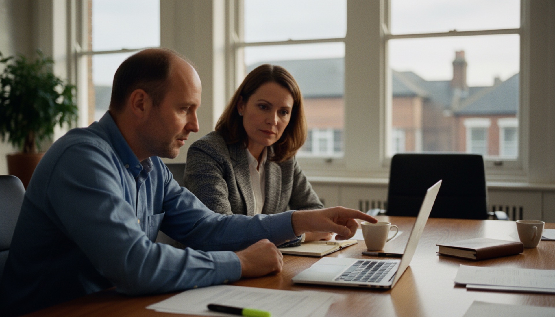 Two people at a conference table reviewing documents and a laptop screen showing figures