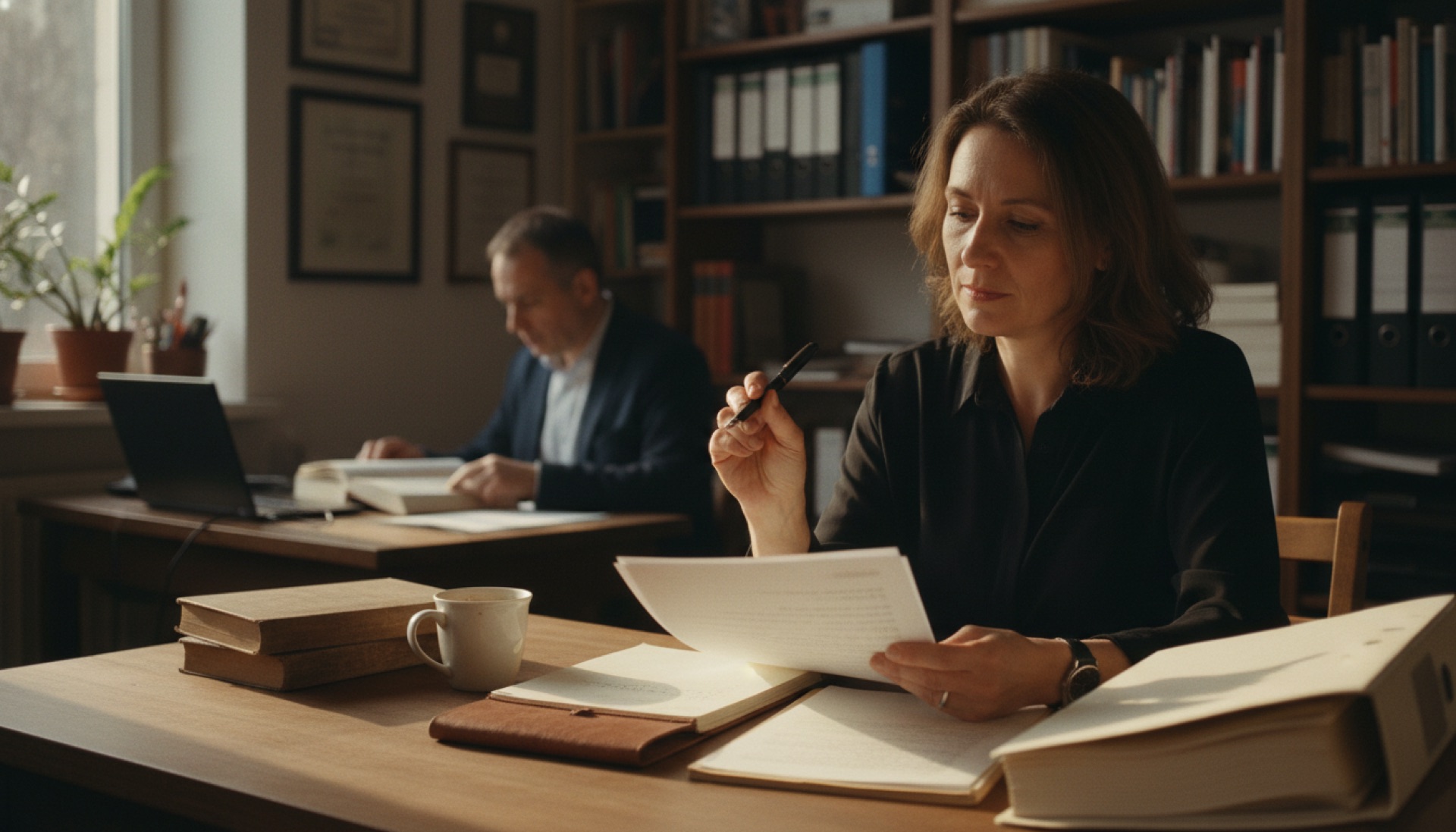 a founder reviewing documents at a desk with a team member working on a laptop in the background