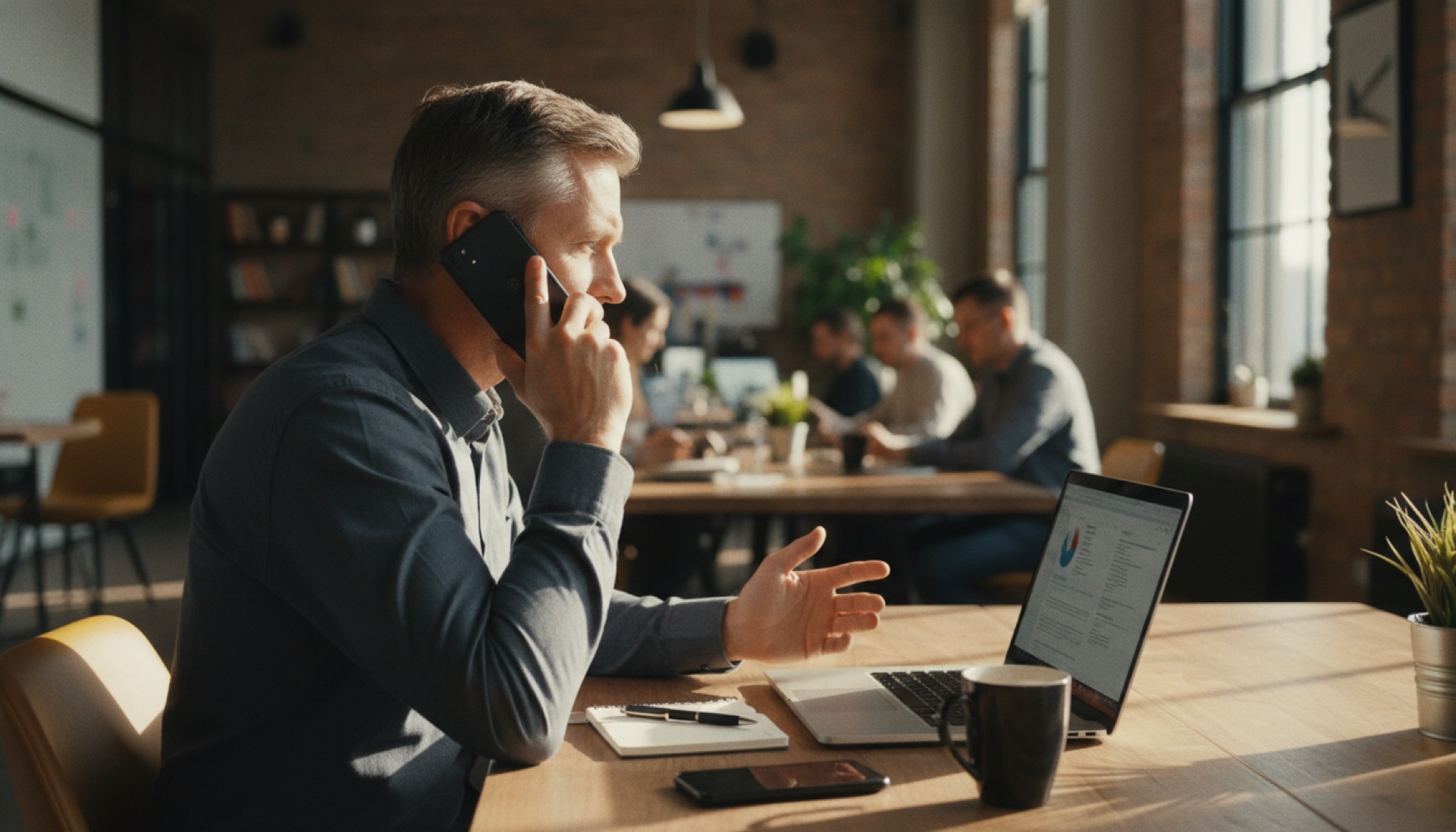 A senior recruitment professional on the phone at a desk in a modern office