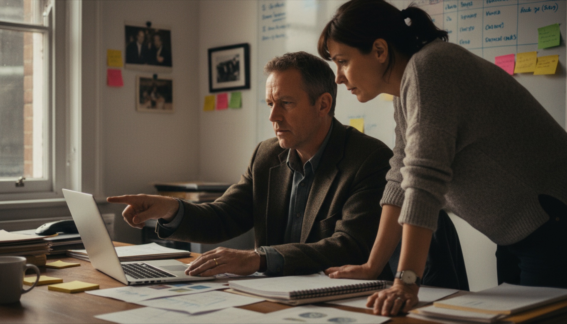 Two people at an office desk looking at a laptop screen, one pointing at it while the other reads a printout