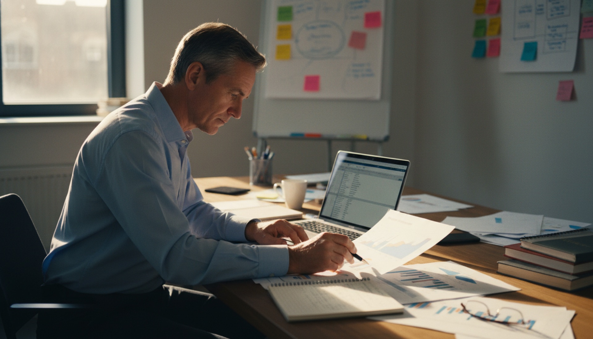 A person at a desk reviewing printed performance data charts alongside an open laptop