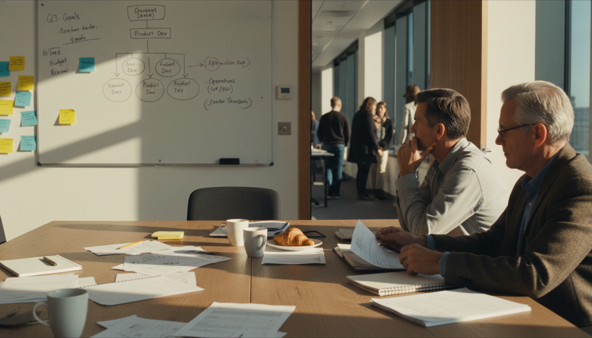 Two people in conversation at a meeting table with a hand-drawn org chart on a whiteboard behind them