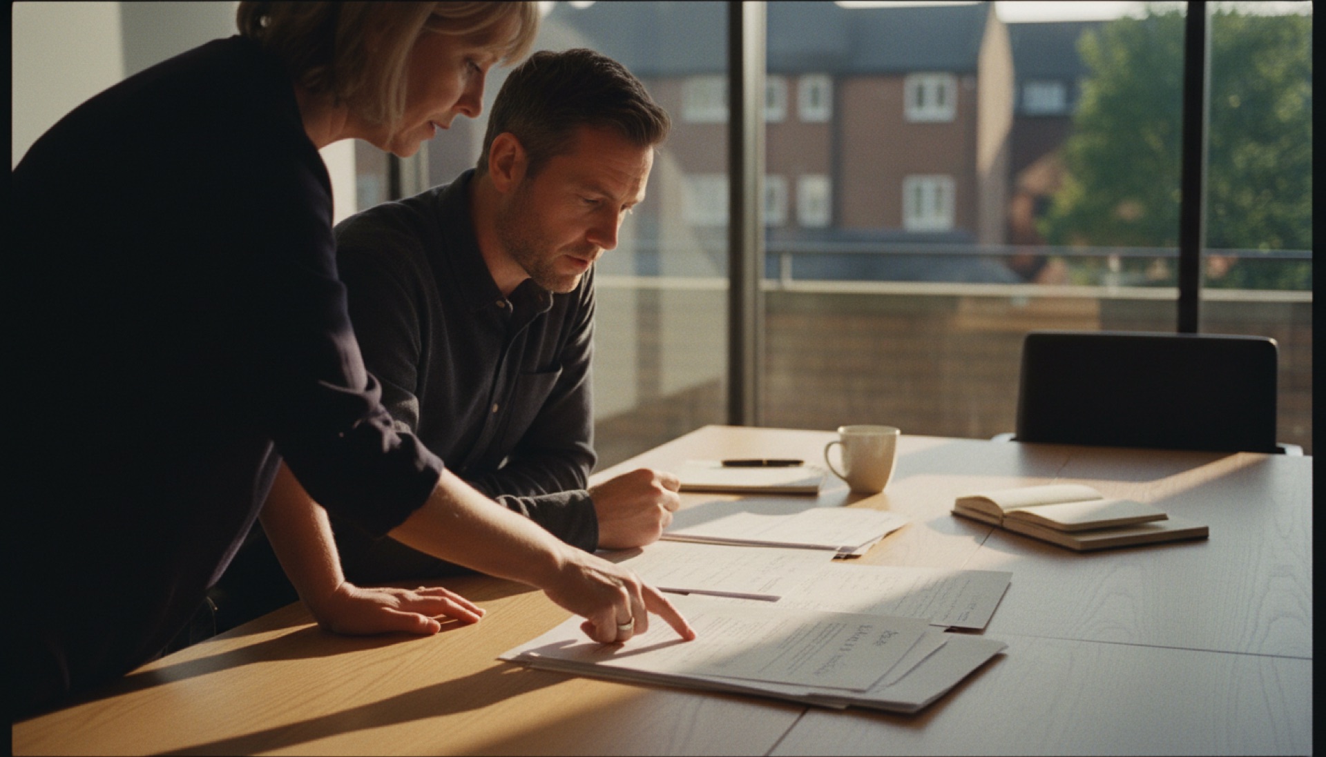 A founder and a colleague reviewing documents together at a desk in a glass-walled meeting room