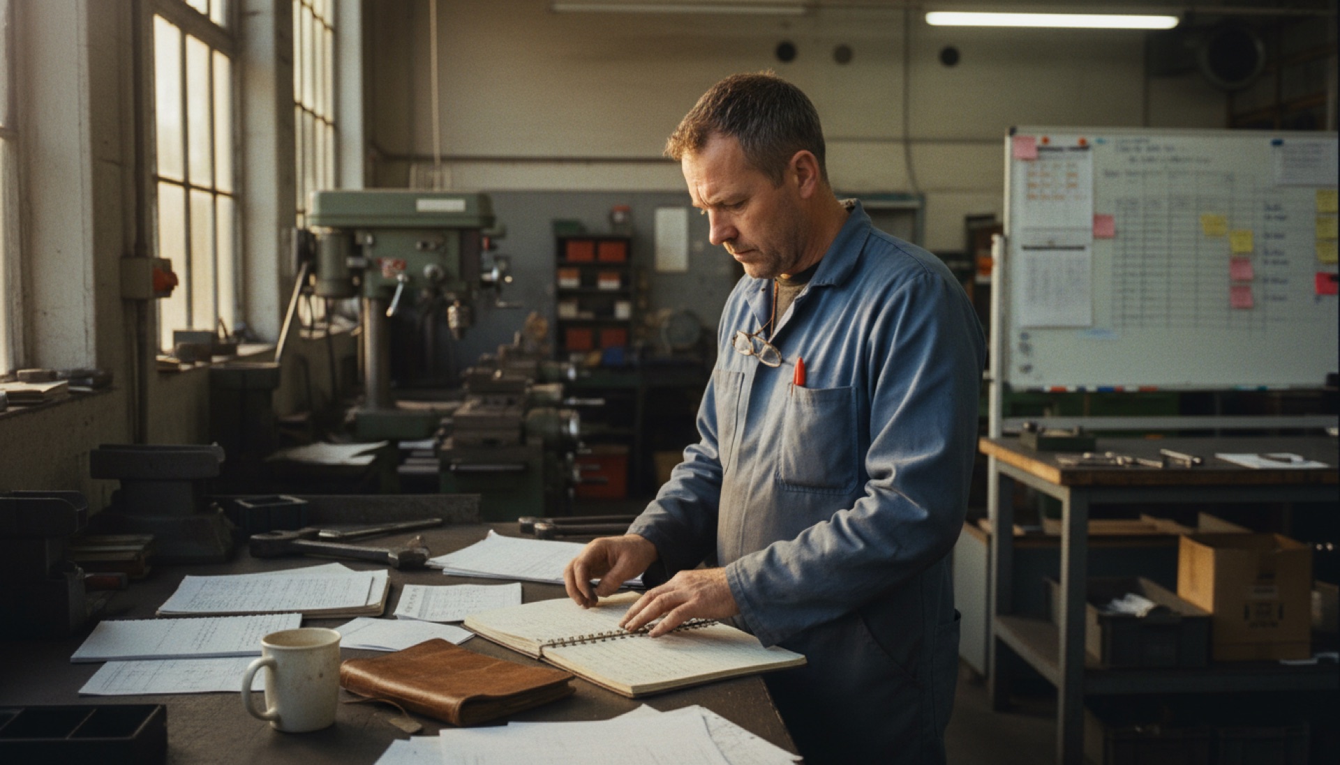 Person reviewing paper records at a workshop bench with industrial machinery in the background