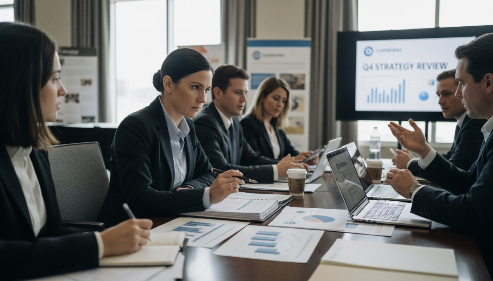 Founder reviewing presentation documents at a conference table with other people visible in background