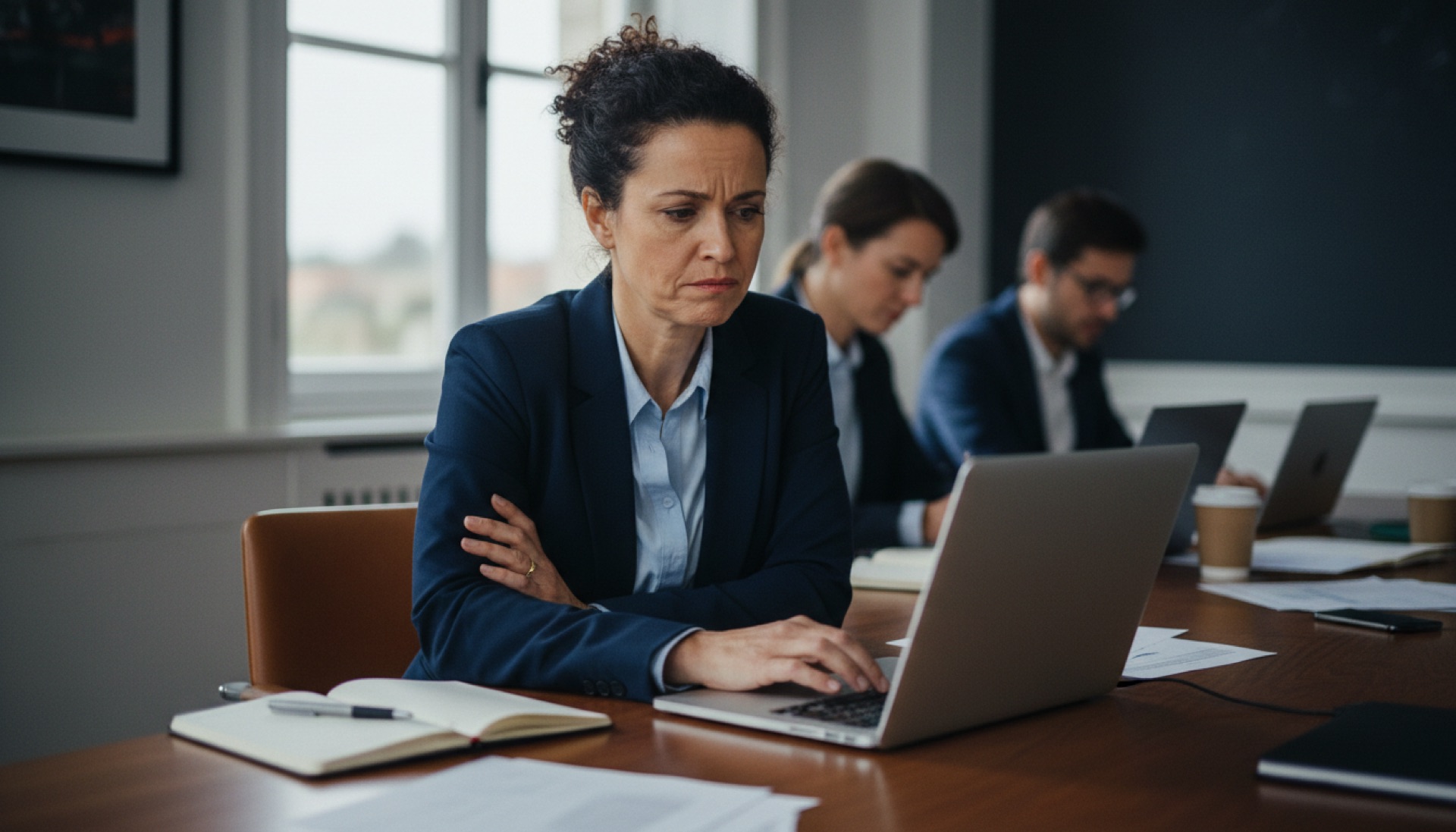 A business owner at a meeting room table reviewing a laptop presentation, looking thoughtful