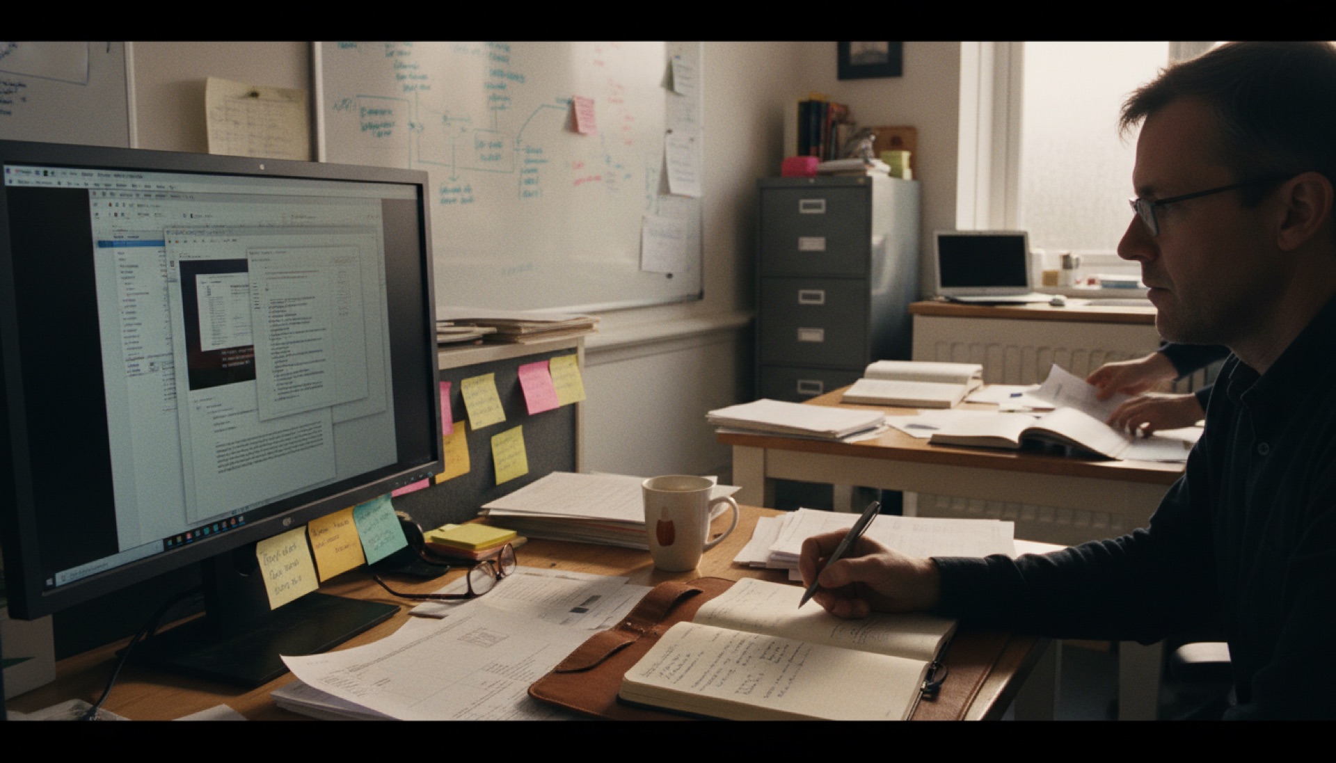 Professional at a desk with a pen over a notepad and multiple application windows visible on a screen