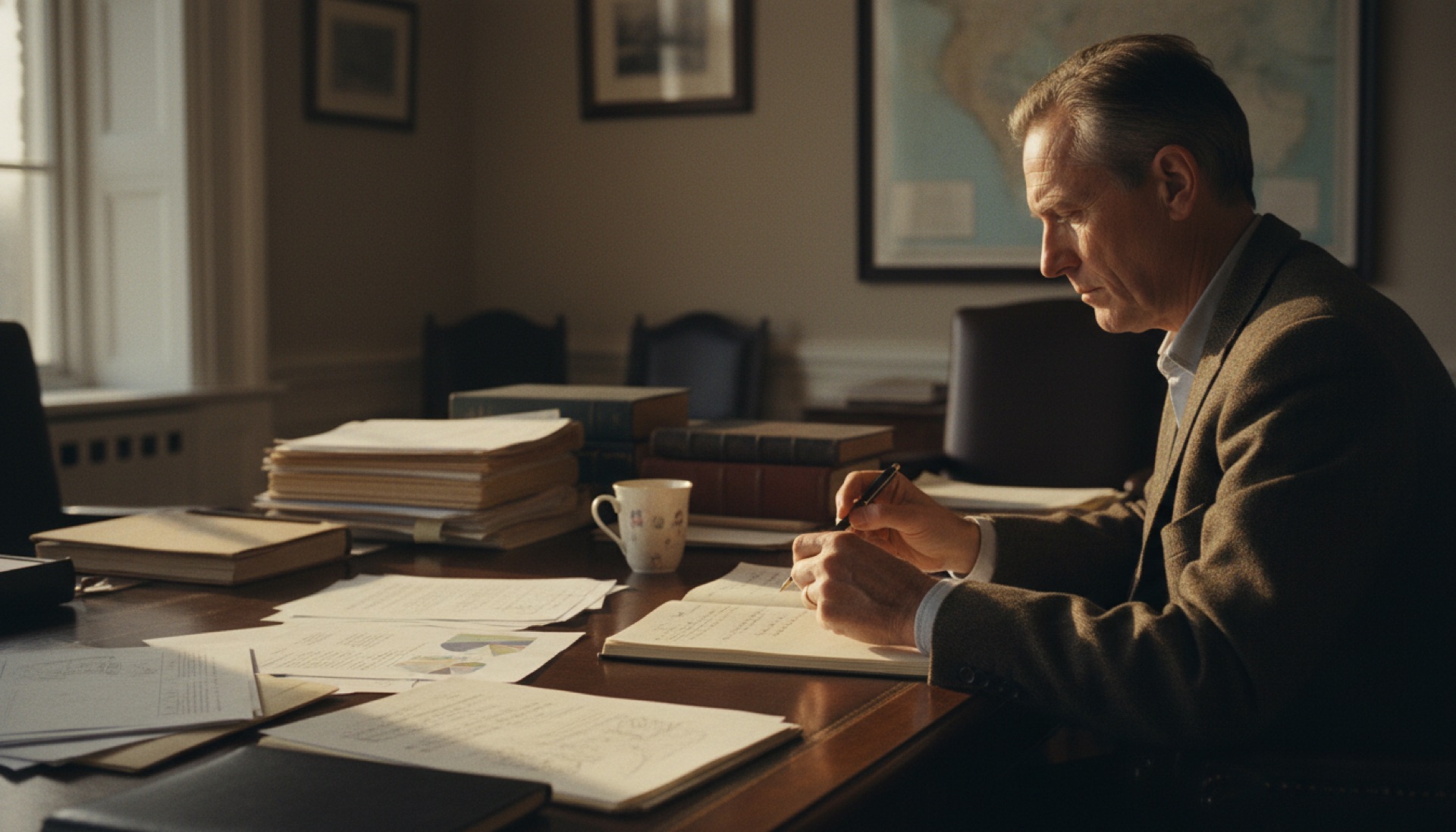 Senior professional reviewing documents at a desk in a daylit office