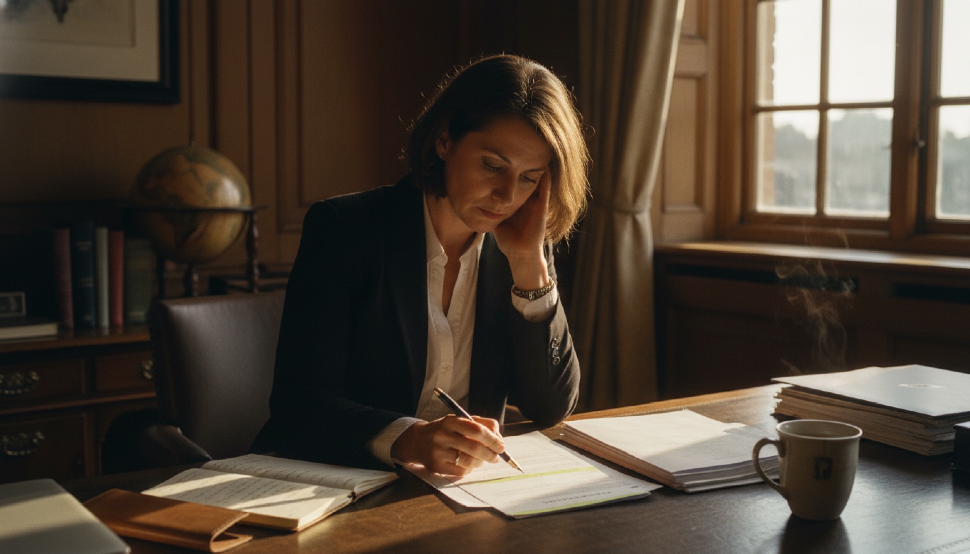 A founder at a desk reviewing documents alongside a laptop screen