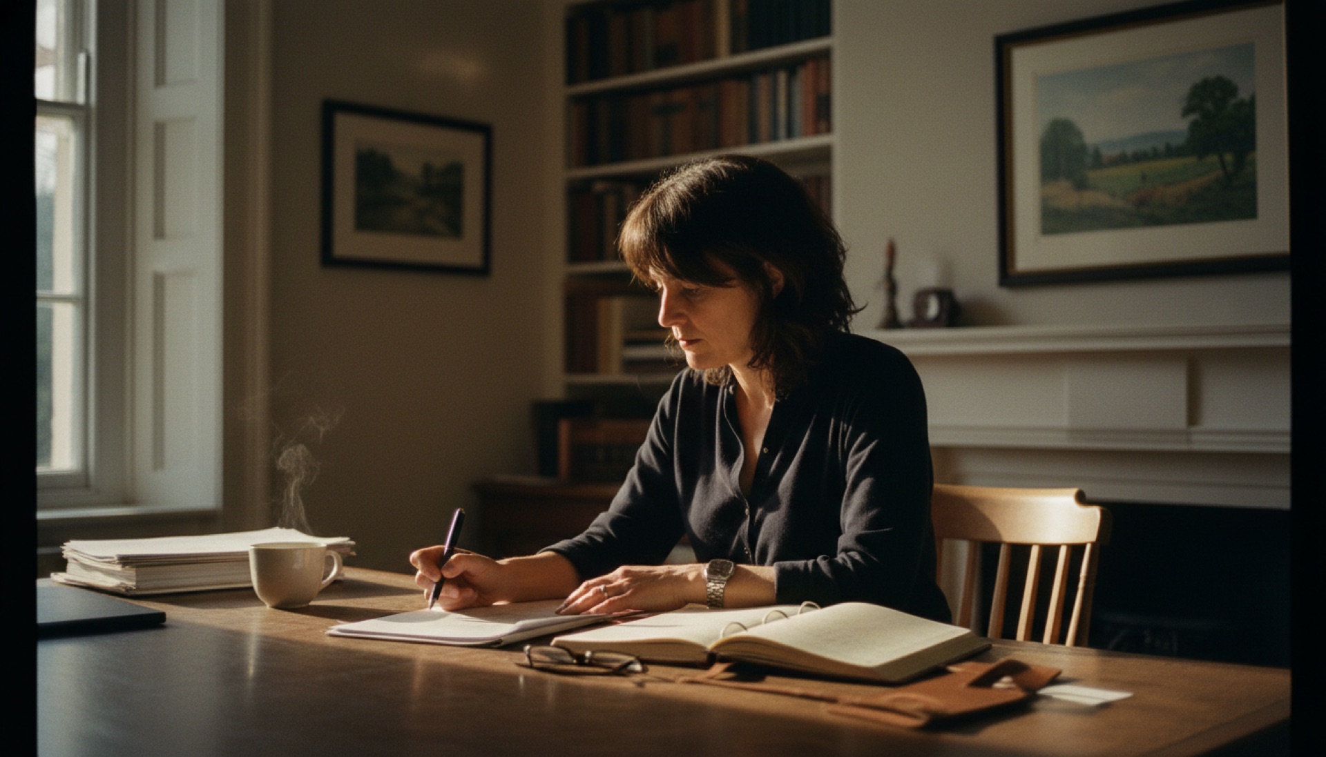 Founder at a desk reviewing a planning document with pen and notebook