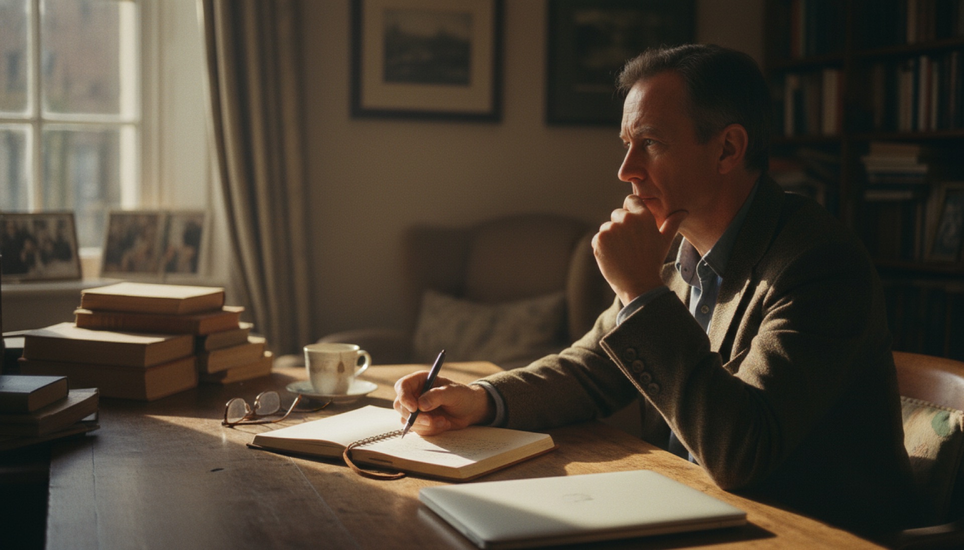 Founder seated at a desk reviewing work on a laptop in a quiet office