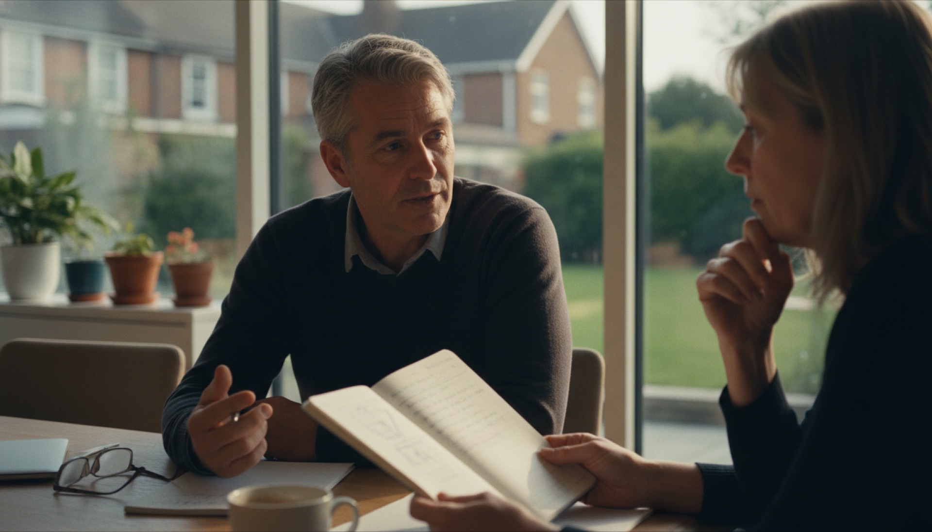 Two colleagues talking across a meeting room table, one taking notes in a notebook