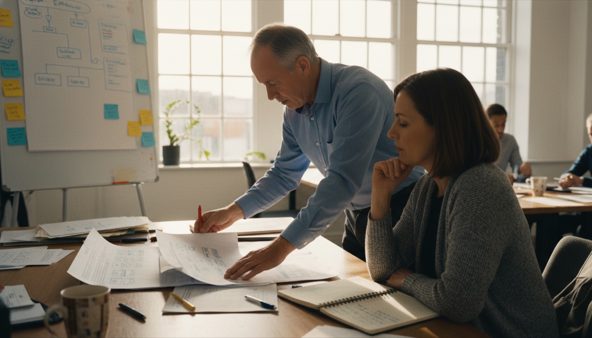 Two colleagues reviewing a process document together at a shared desk in a light office