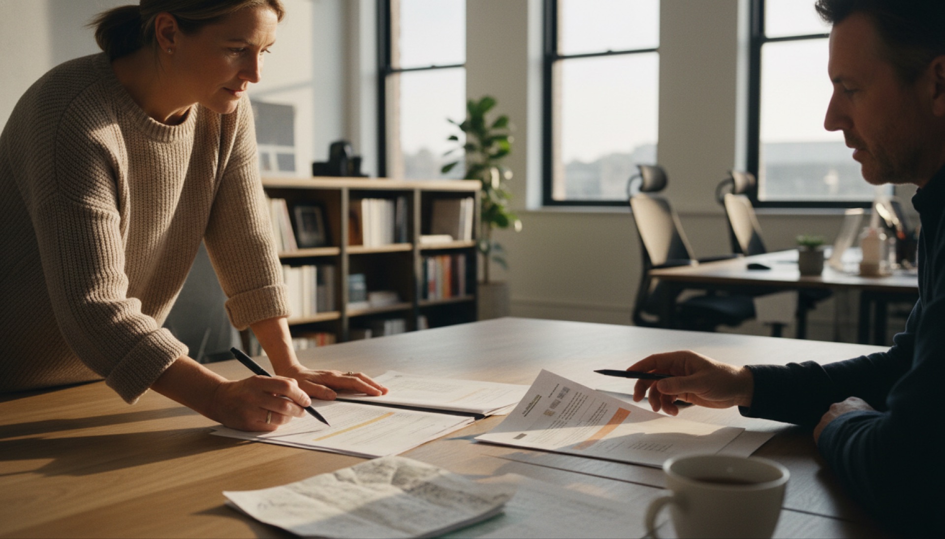 Two colleagues reviewing documents together at an office desk with a laptop open between them