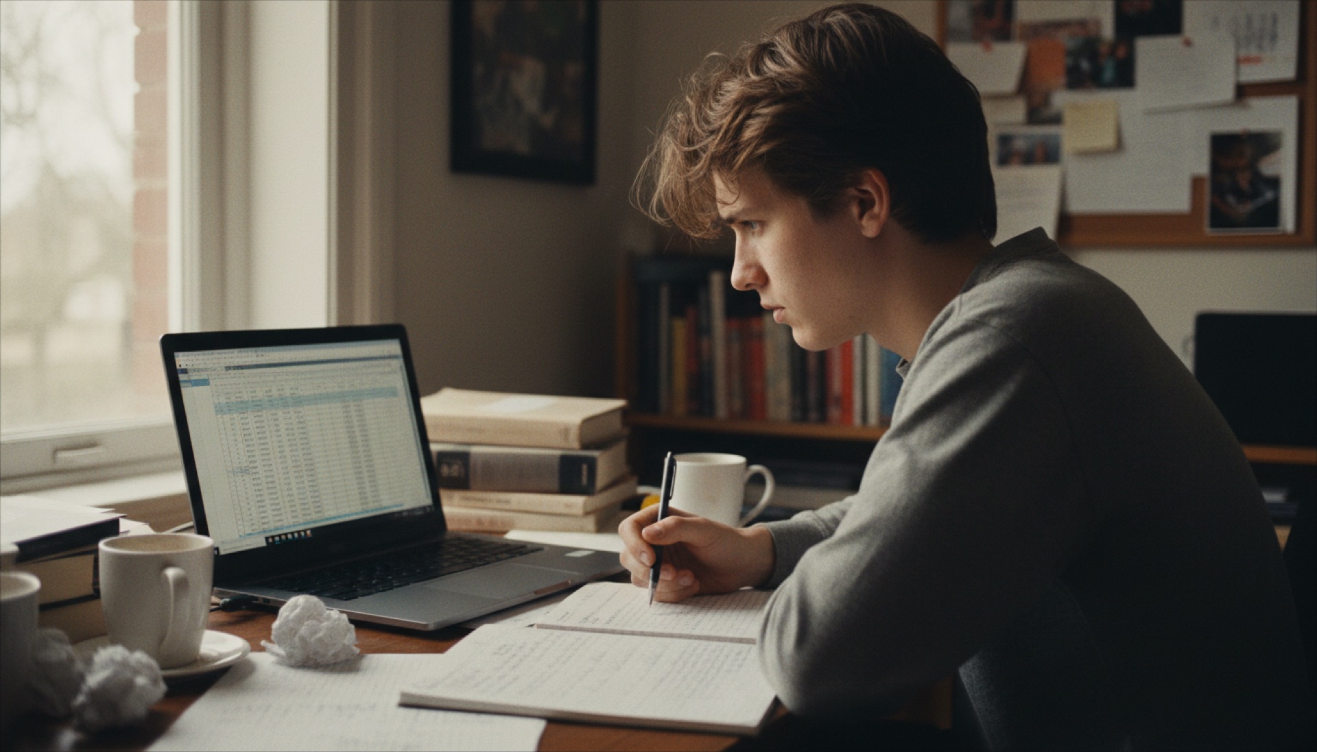 Person reviewing a spreadsheet at a desk with a pen in hand
