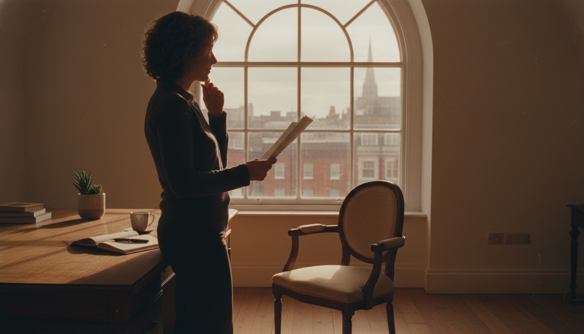 A founder standing at an office window holding papers, looking outward in thought