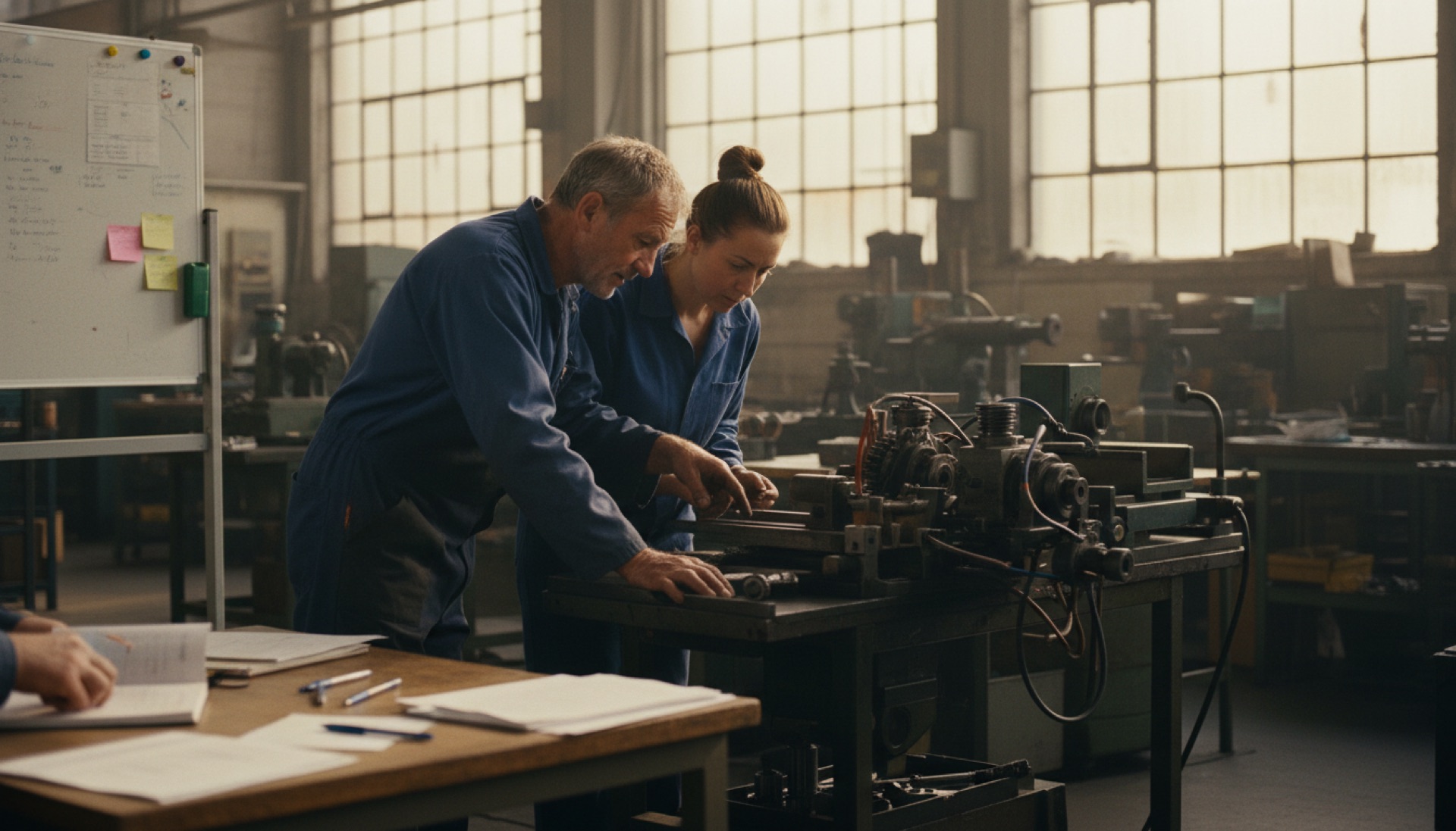 An experienced factory worker showing a younger colleague how a piece of equipment works at a workshop bench