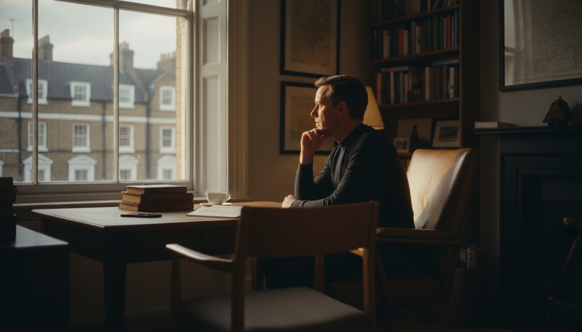 A person sitting at a desk, pausing mid-thought, looking toward a window in a quiet office