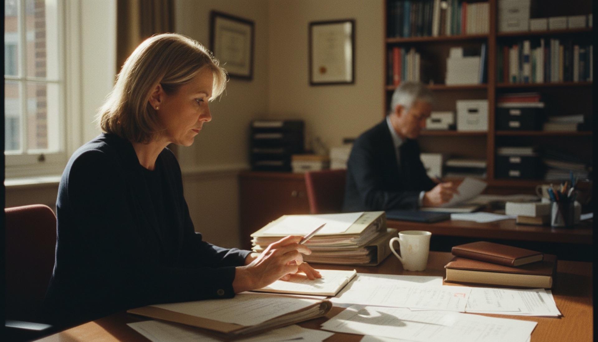 A professional reviewing documents at a desk in a clinical office with natural light