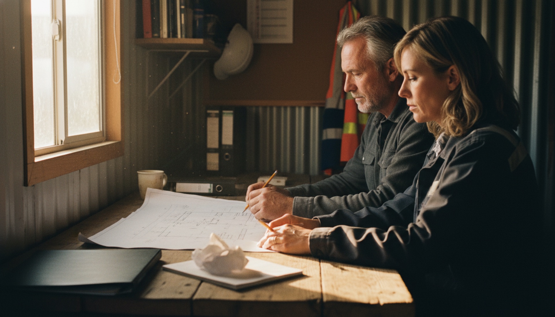 Two people reviewing project plans at a table in a construction site office