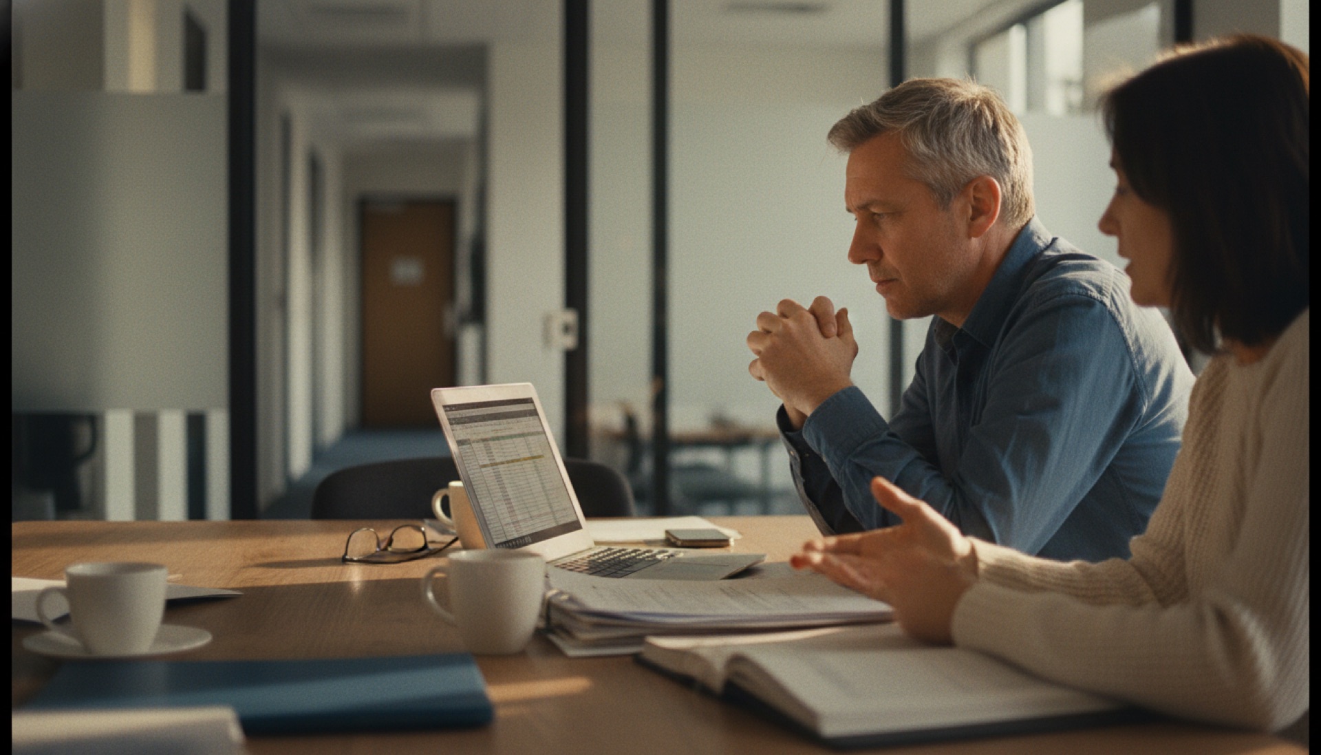 Two people in a review meeting across a conference table, one listening carefully as the other presents notes