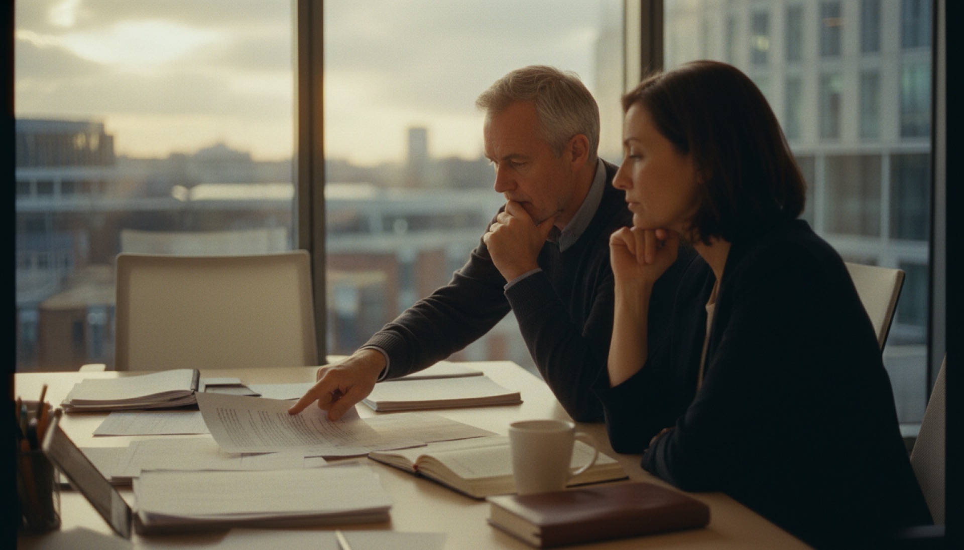 Two people reviewing documents together at a desk in a bright modern office