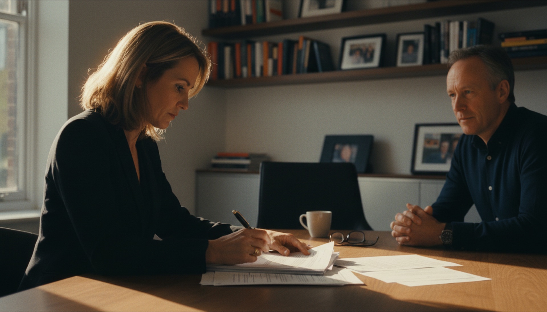 A business owner reviewing papers at a meeting table in a sunlit office
