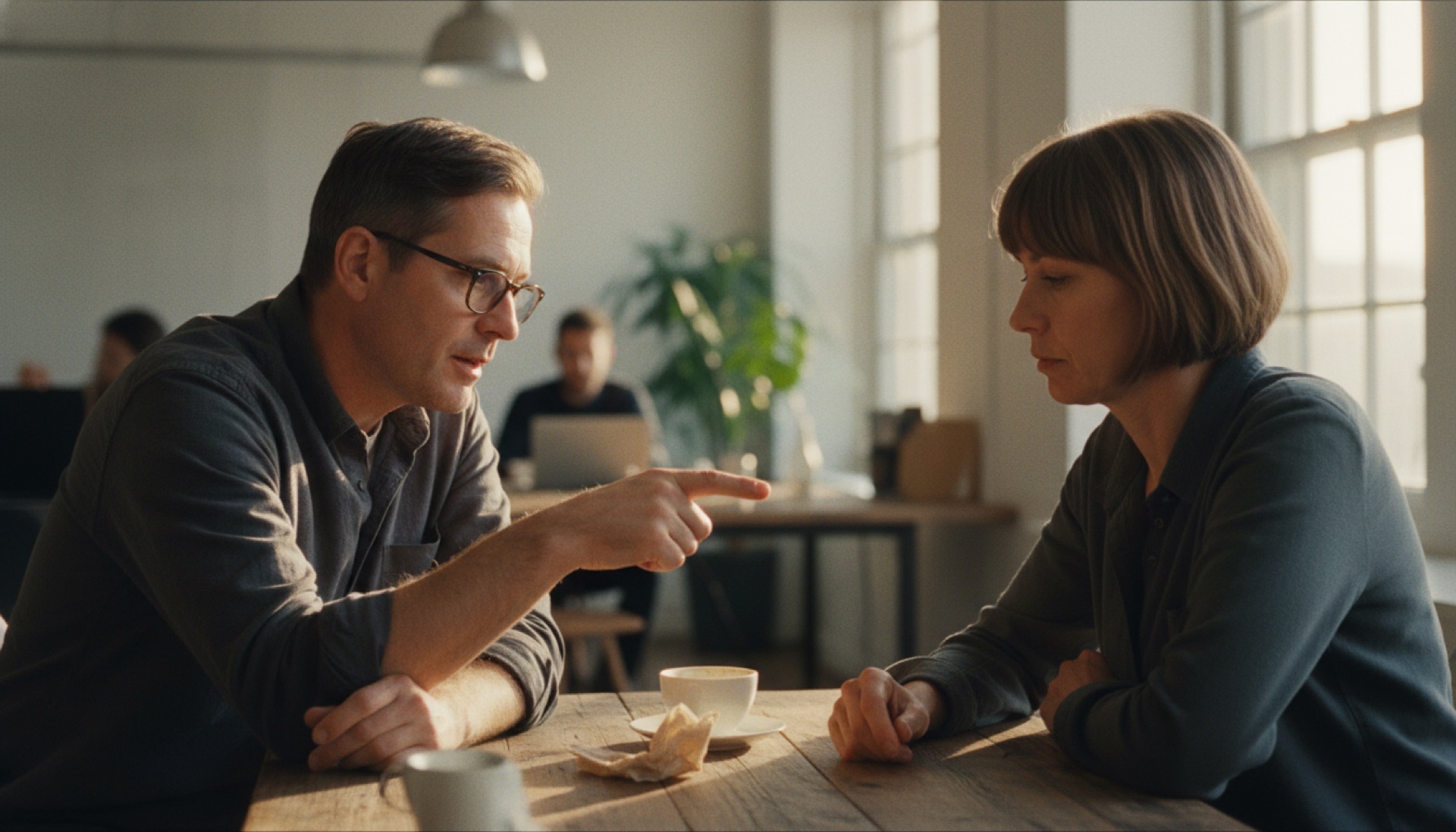Two colleagues in conversation at a table in a bright open-plan office