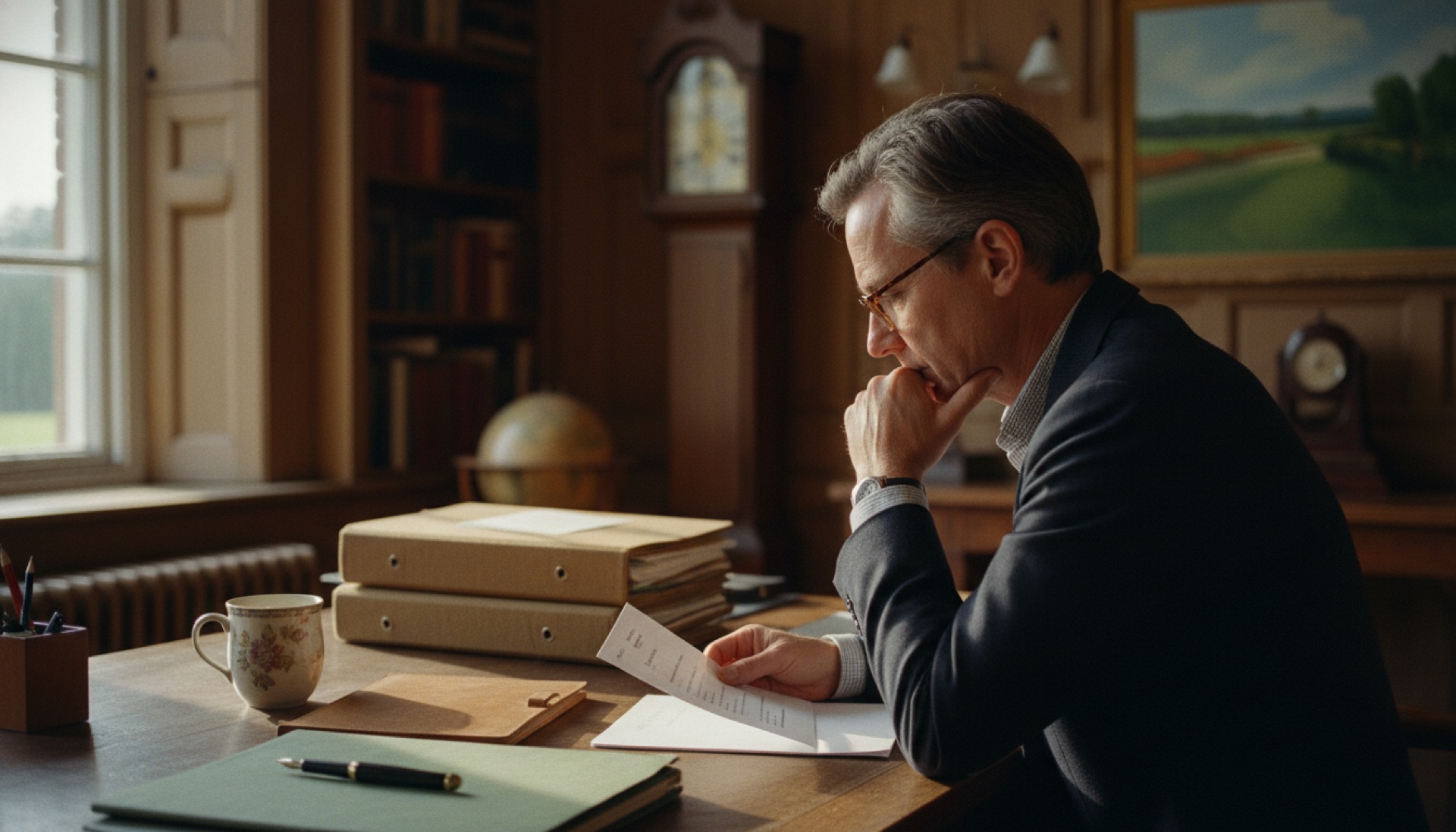 A senior professional reviewing a document at a desk with a laptop open nearby