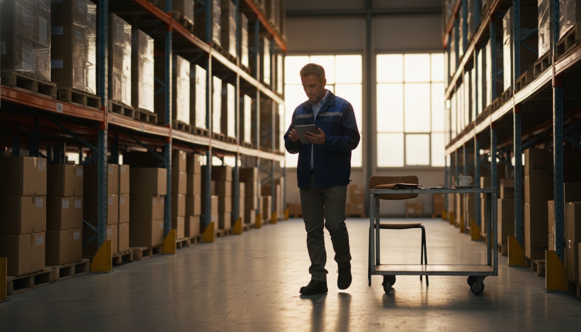 A business owner reviewing operations data on a tablet while walking through a distribution warehouse