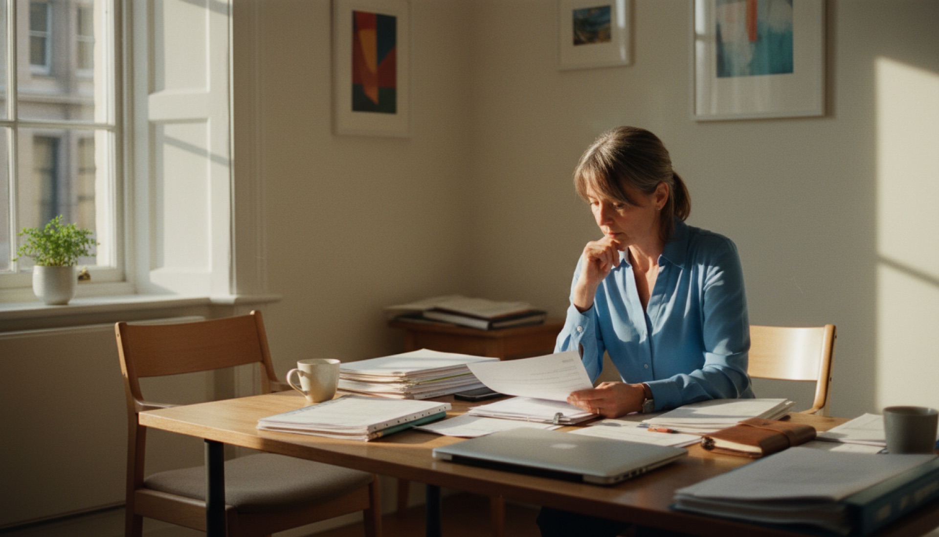A clinician reviewing printed documents at a desk in a bright consulting room