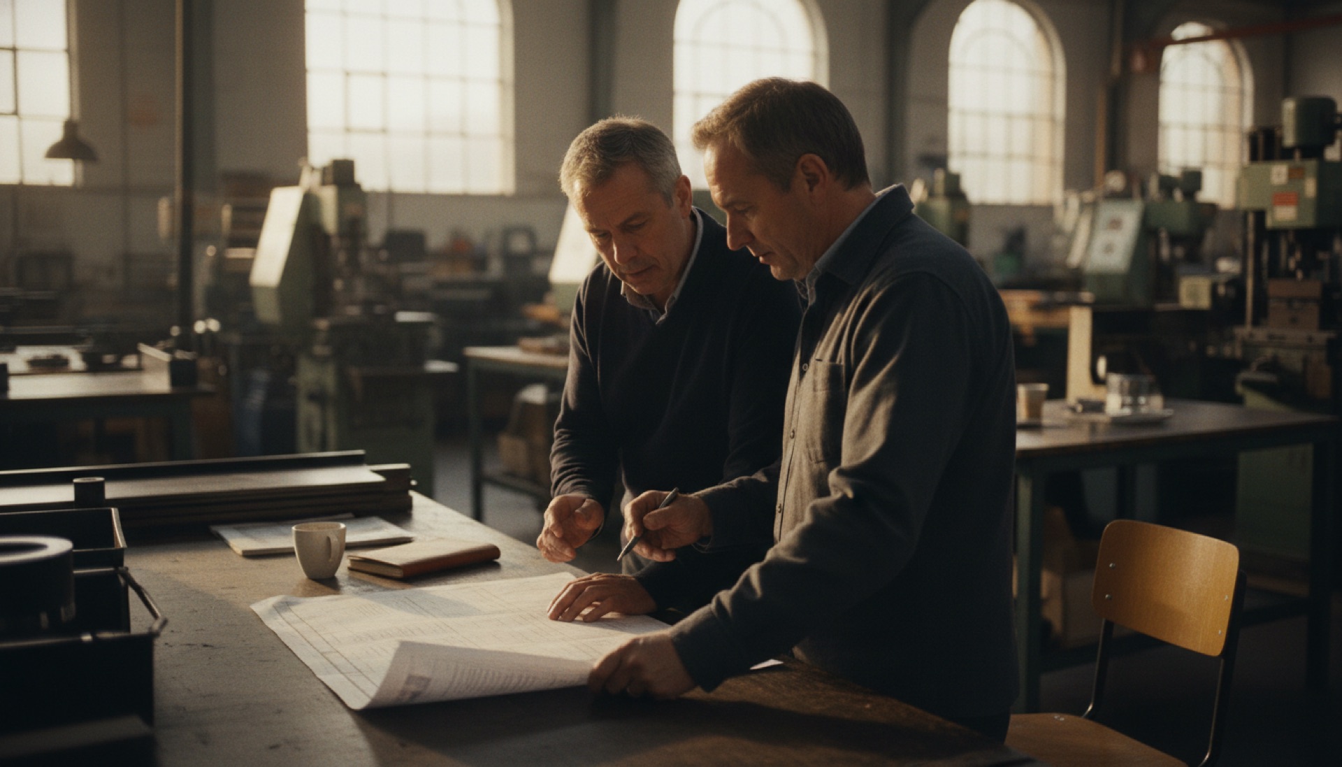 Two people reviewing a printed specification document on a manufacturing shop floor